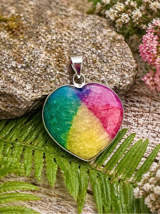 Hand Crafted Jewelry - Colorful Rainbow Solar Quartz Heart 1.5” Sterling Silver Pendant